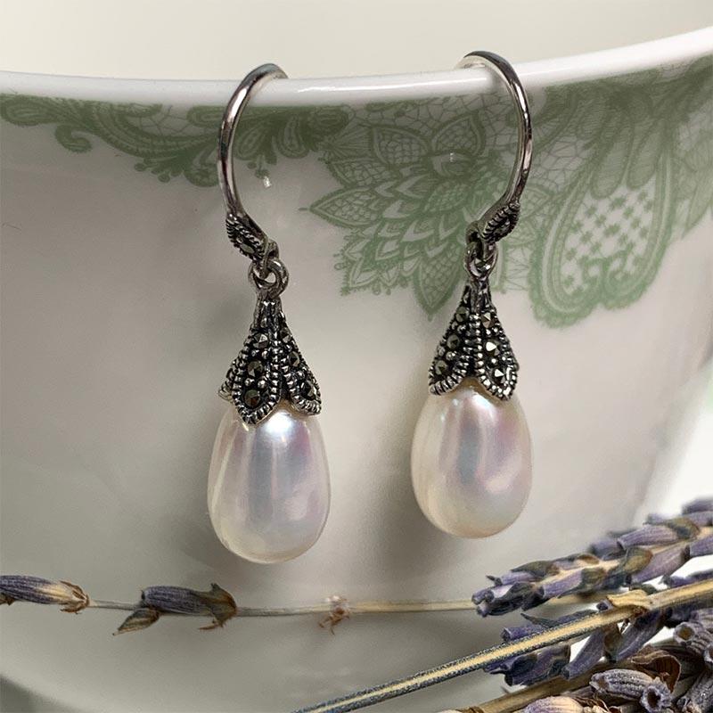 Dashwood Silver, Freshwater Pearl and Marcasite Earrings