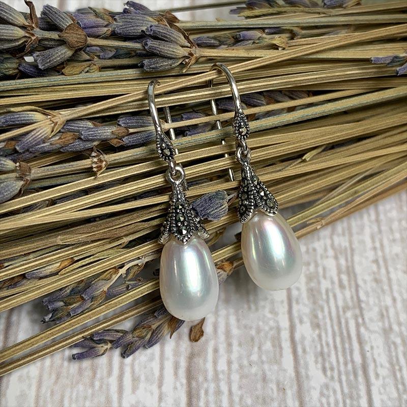 Dashwood Silver, Freshwater Pearl and Marcasite Earrings - Image 2