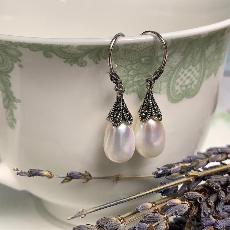 Dashwood Silver, Freshwater Pearl and Marcasite Earrings - Image 3