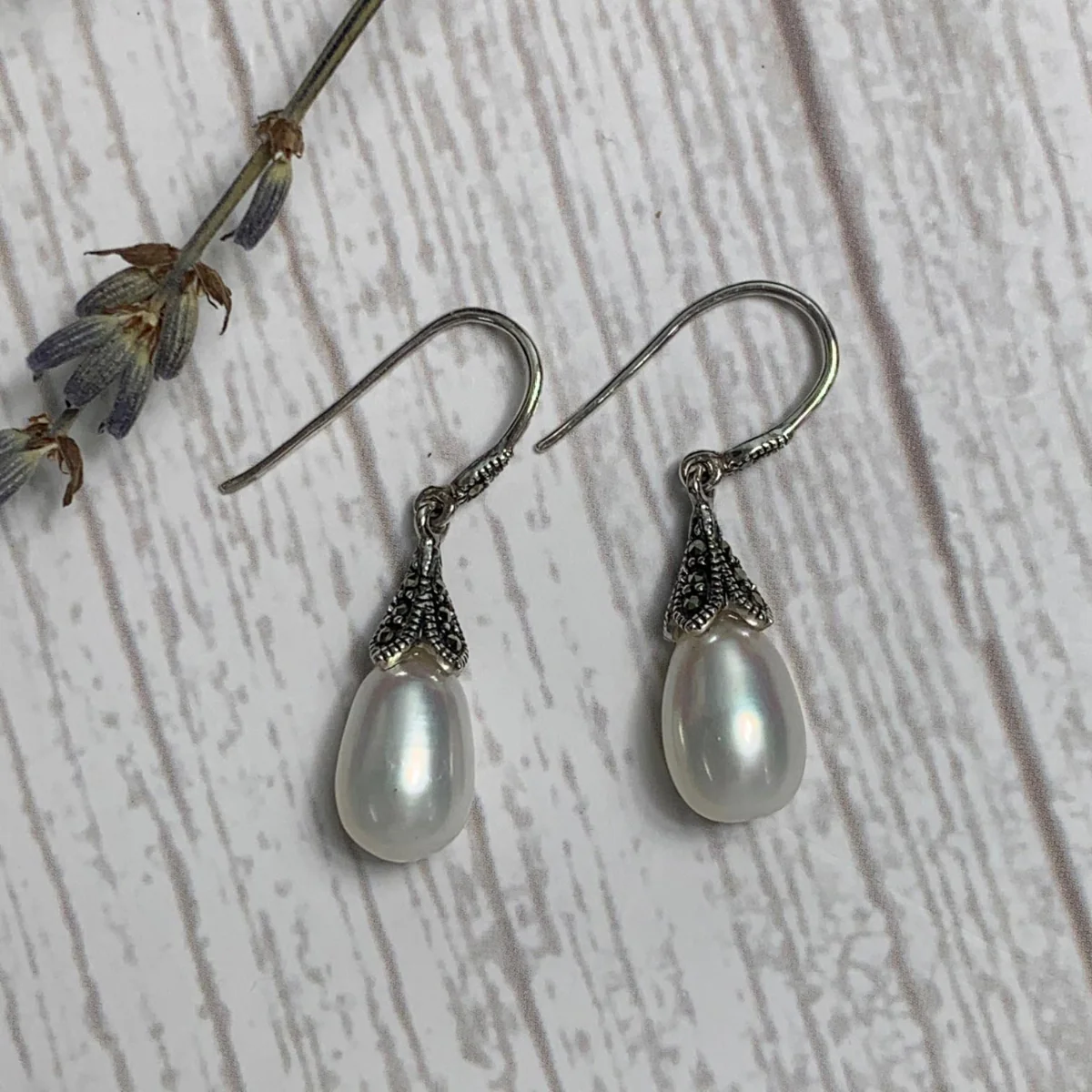 Dashwood Silver, Freshwater Pearl and Marcasite Earrings - Image 4