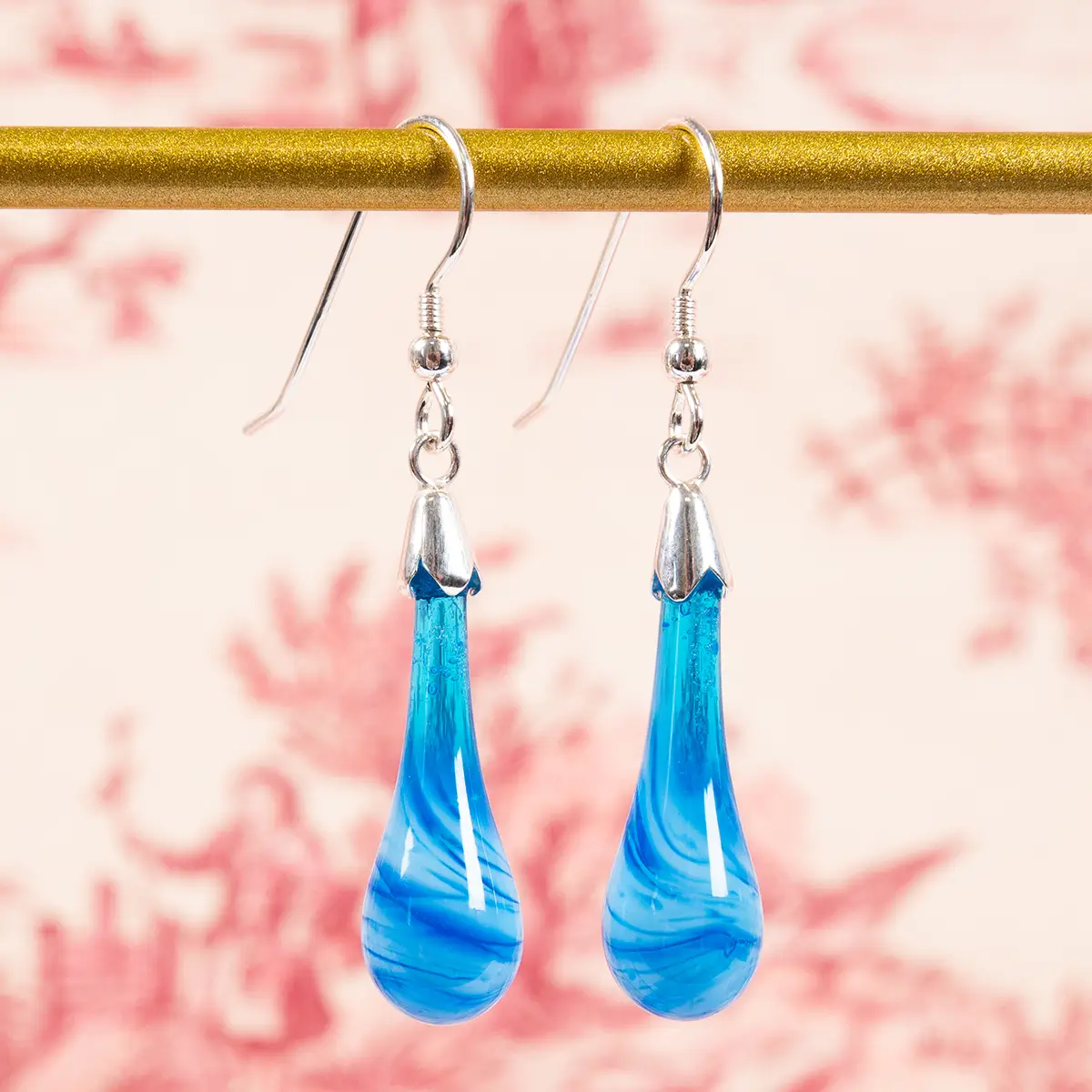 Swirled Molten Glass Drop Earrings Blue - Image 3