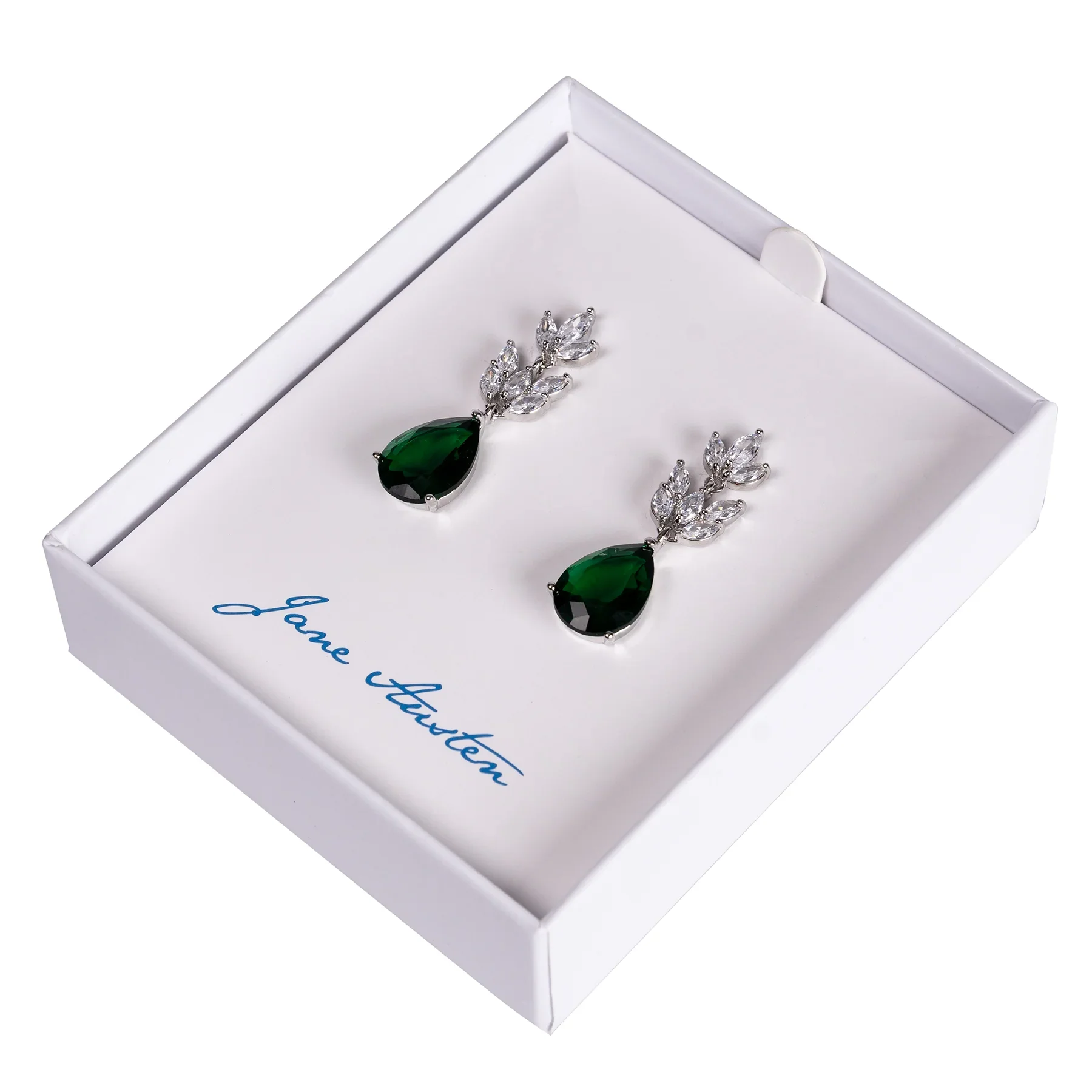 Emerald and Crystal Leaf Teardrop Earrings - Image 2