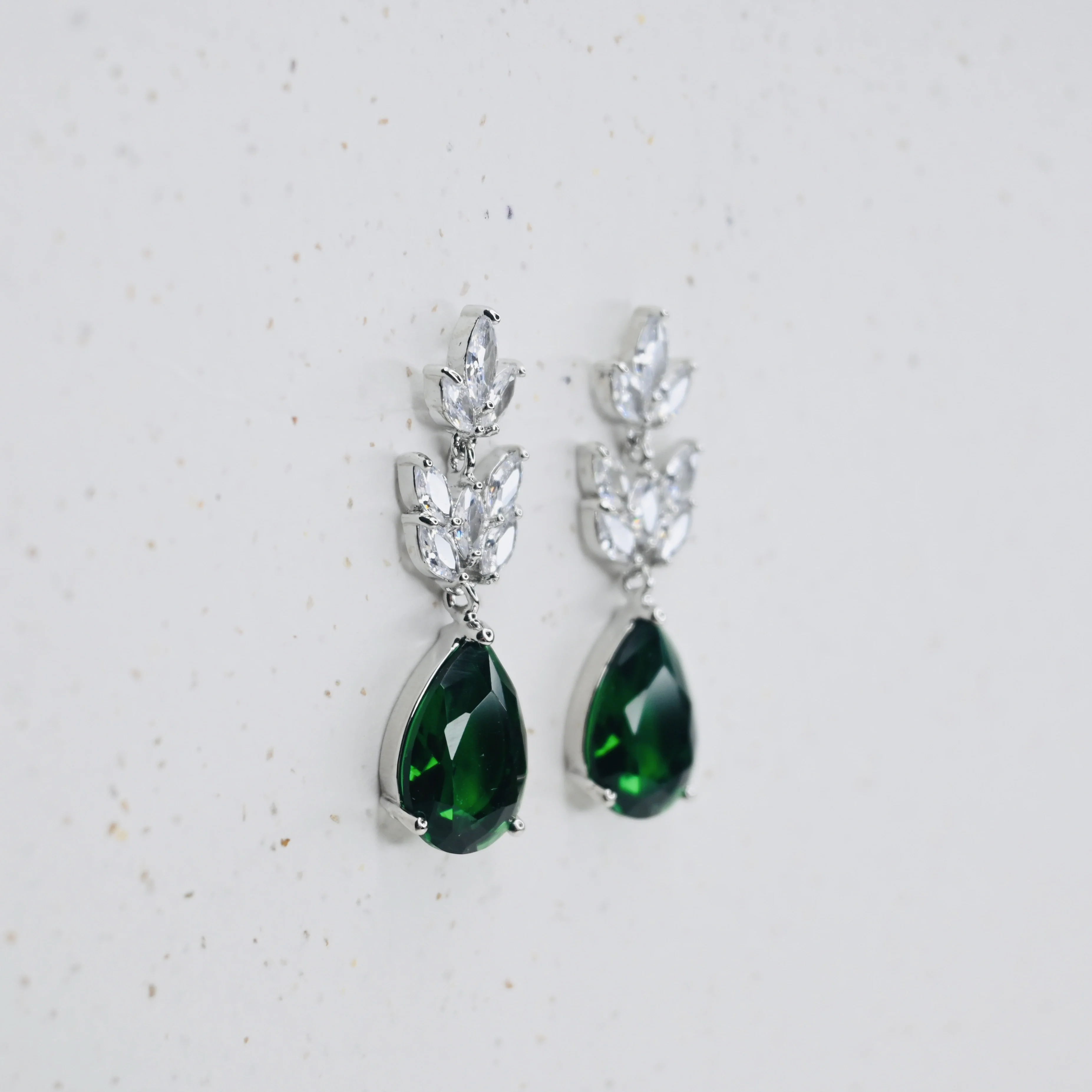 Emerald and Crystal Leaf Teardrop Earrings - Image 3