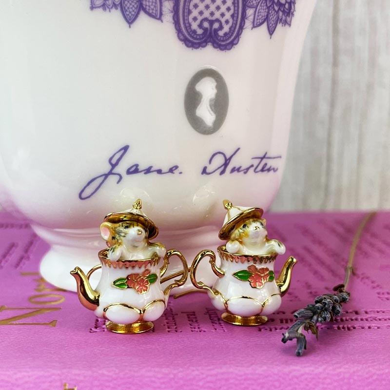 Enamel and 18ct Gold-Plated 'Mouse in a Teapot' Earrings