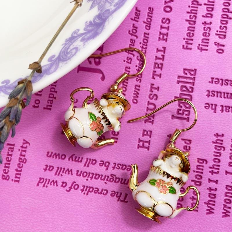Enamel and 18ct Gold-Plated 'Mouse in a Teapot' Earrings - Image 2