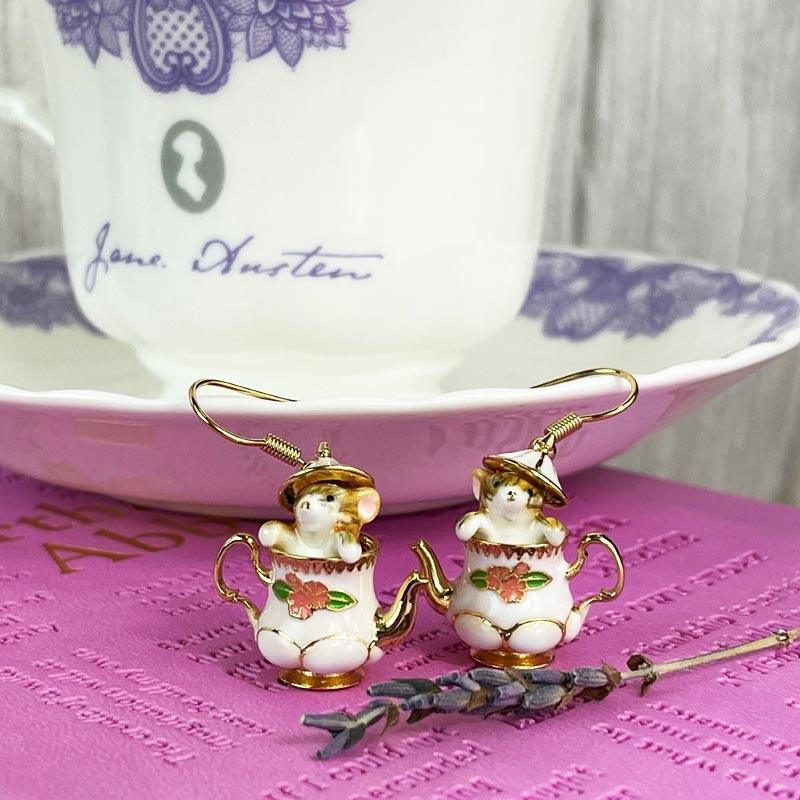 Enamel and 18ct Gold-Plated 'Mouse in a Teapot' Earrings - Image 3