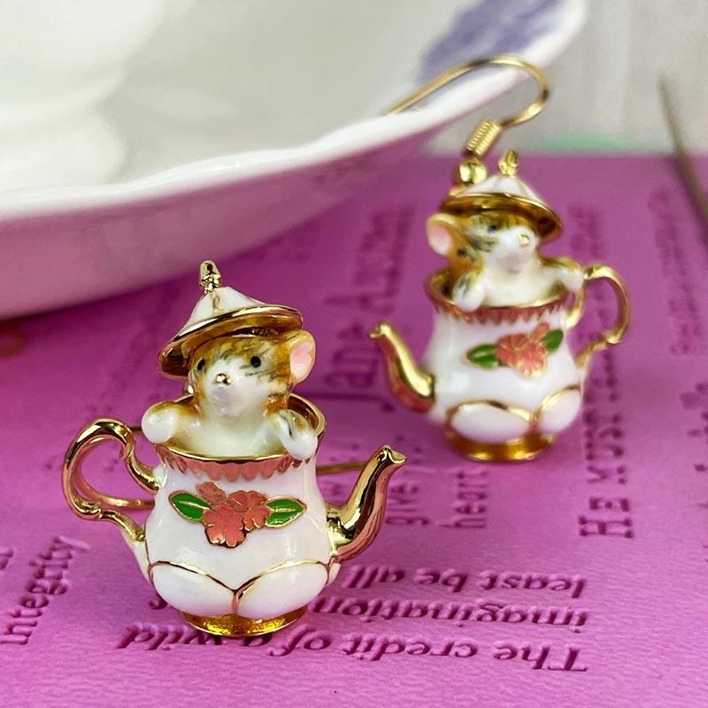 Enamel and 18ct Gold-Plated 'Mouse in a Teapot' Earrings - Image 4