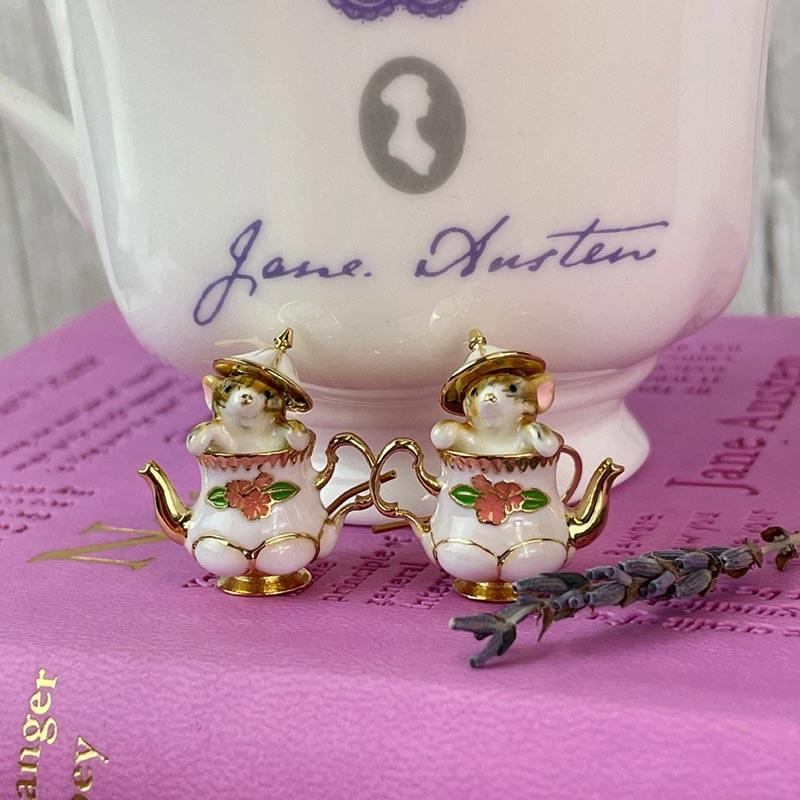 Enamel and 18ct Gold-Plated 'Mouse in a Teapot' Earrings - Image 5