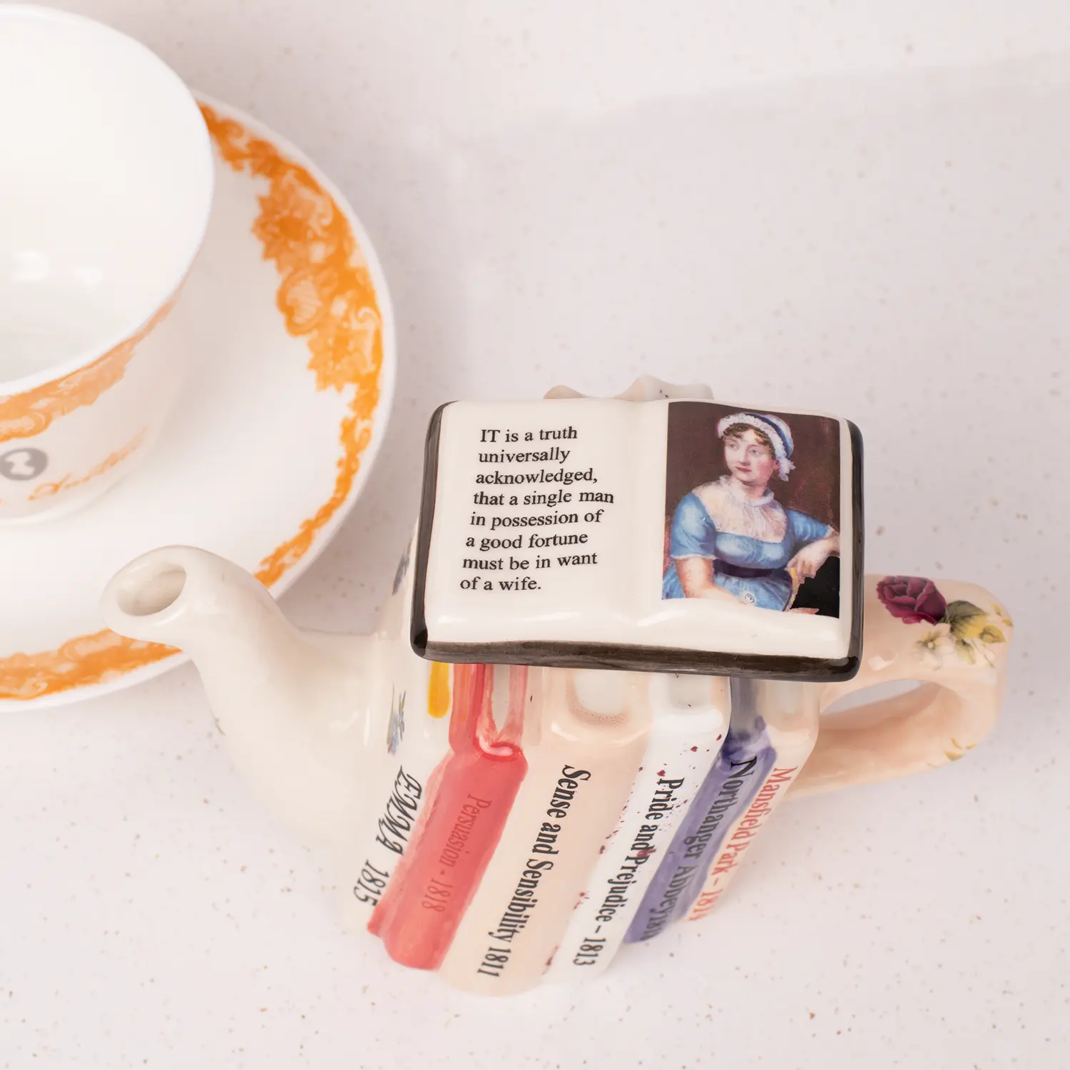 Jane Austen Handmade Teapot with Bookshelf Design (One Cup) - Image 2