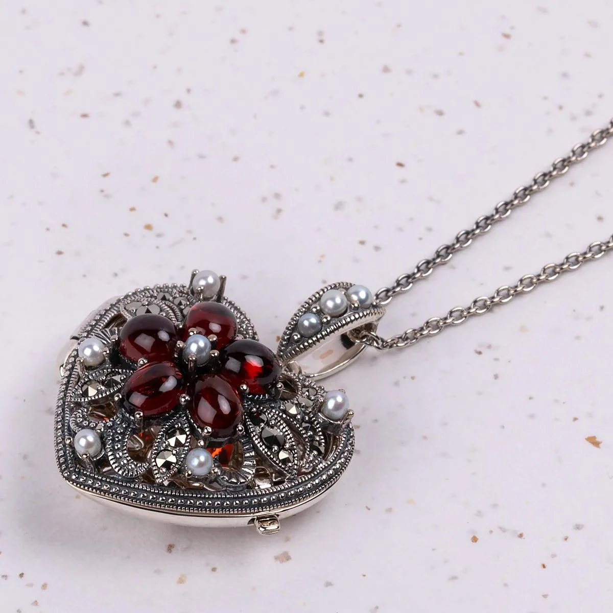 Heart Locket Necklace in Garnet, Marcasite, Freshwater Pearl and Silver