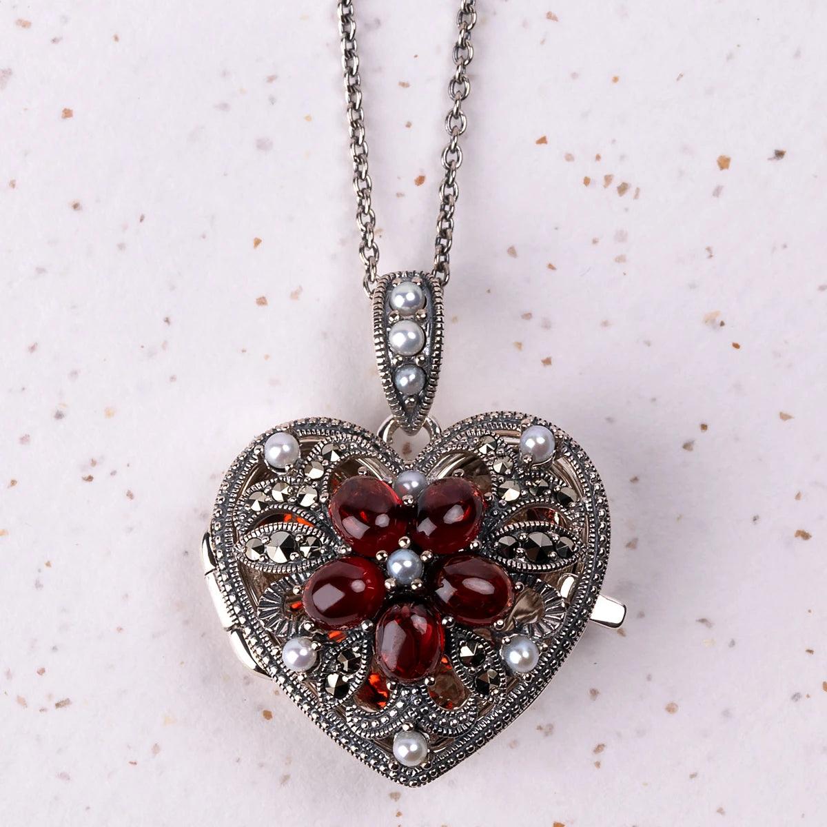 Heart Locket Necklace in Garnet, Marcasite, Freshwater Pearl and Silver - Image 2