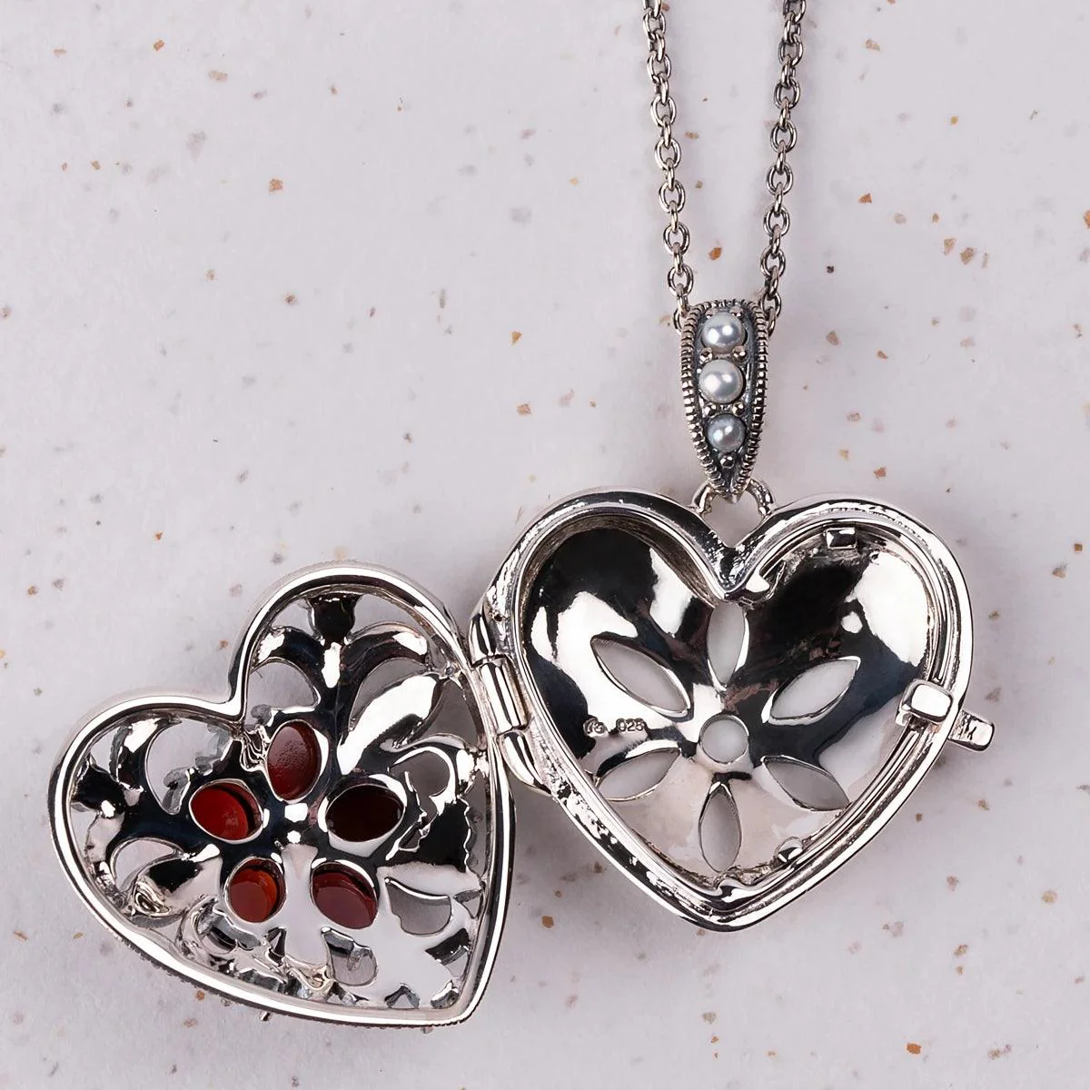 Heart Locket Necklace in Garnet, Marcasite, Freshwater Pearl and Silver - Image 3