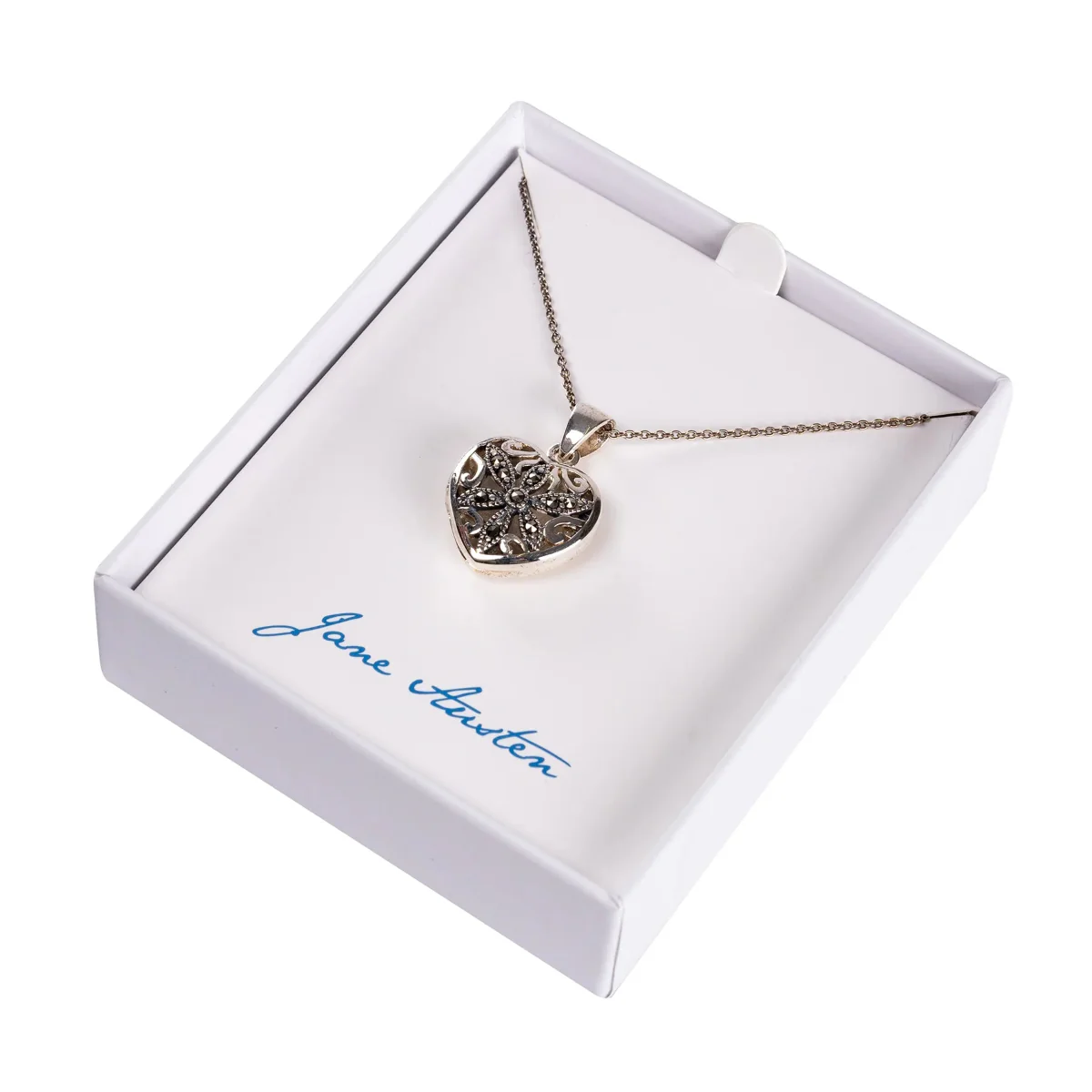 Heart Locket Necklace in Marcasite and Silver - Image 2