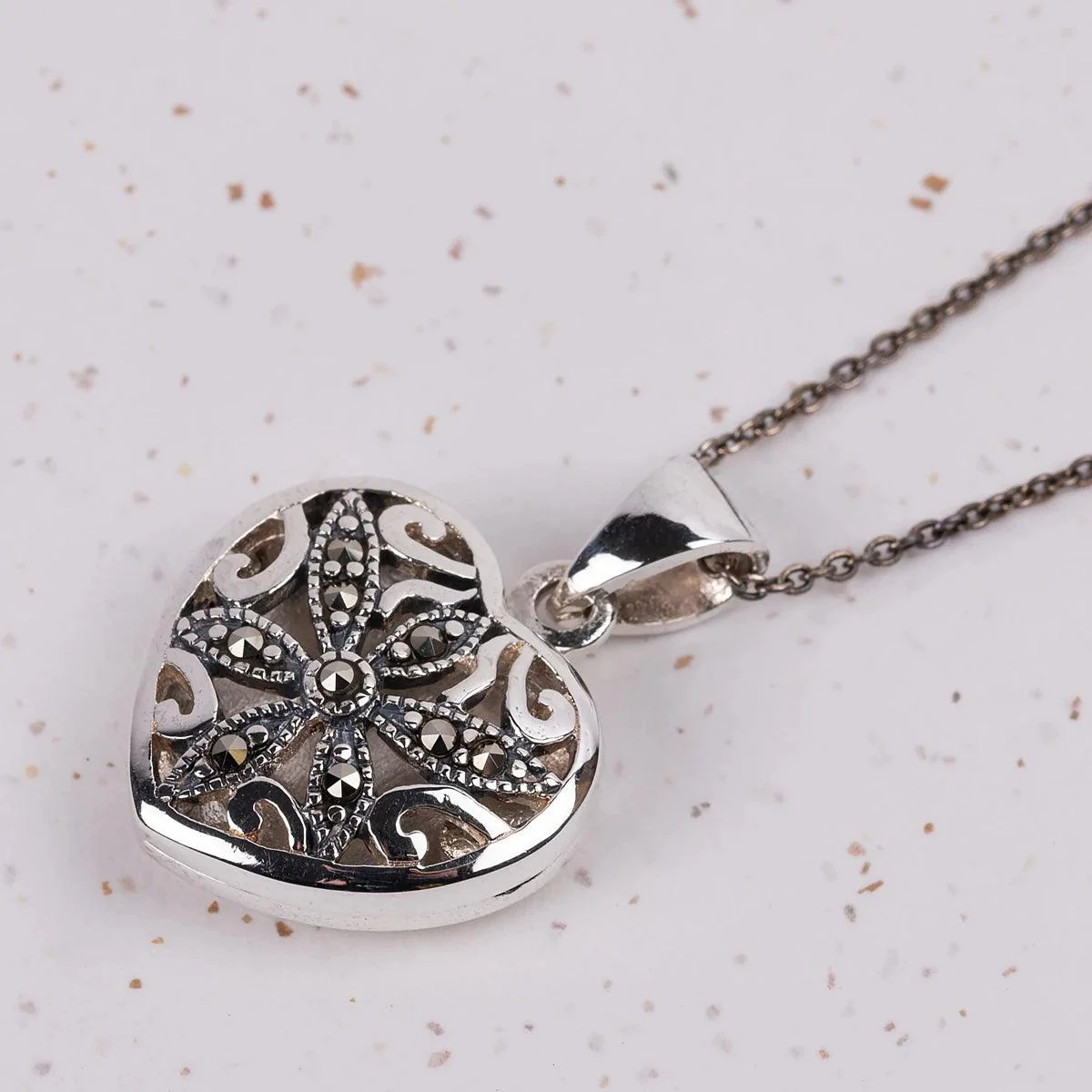 Heart Locket Necklace in Marcasite and Silver - Image 3