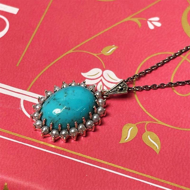 Jane Austen cabochon necklace in Silver, Pearl and Turquoise