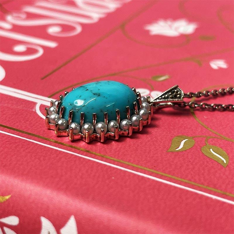 Jane Austen cabochon necklace in Silver, Pearl and Turquoise - Image 2