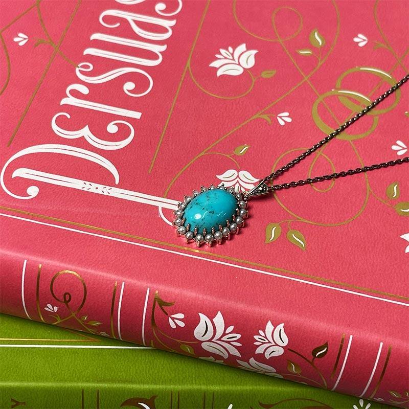 Jane Austen cabochon necklace in Silver, Pearl and Turquoise - Image 3