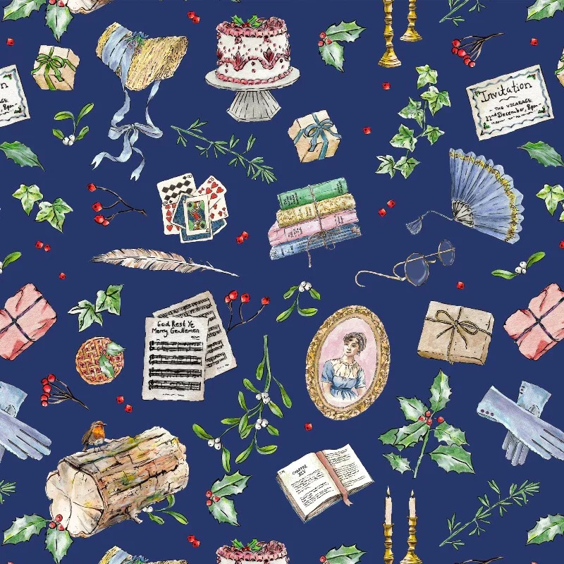 Jane Austen Christmas Gift Wrap in Navy