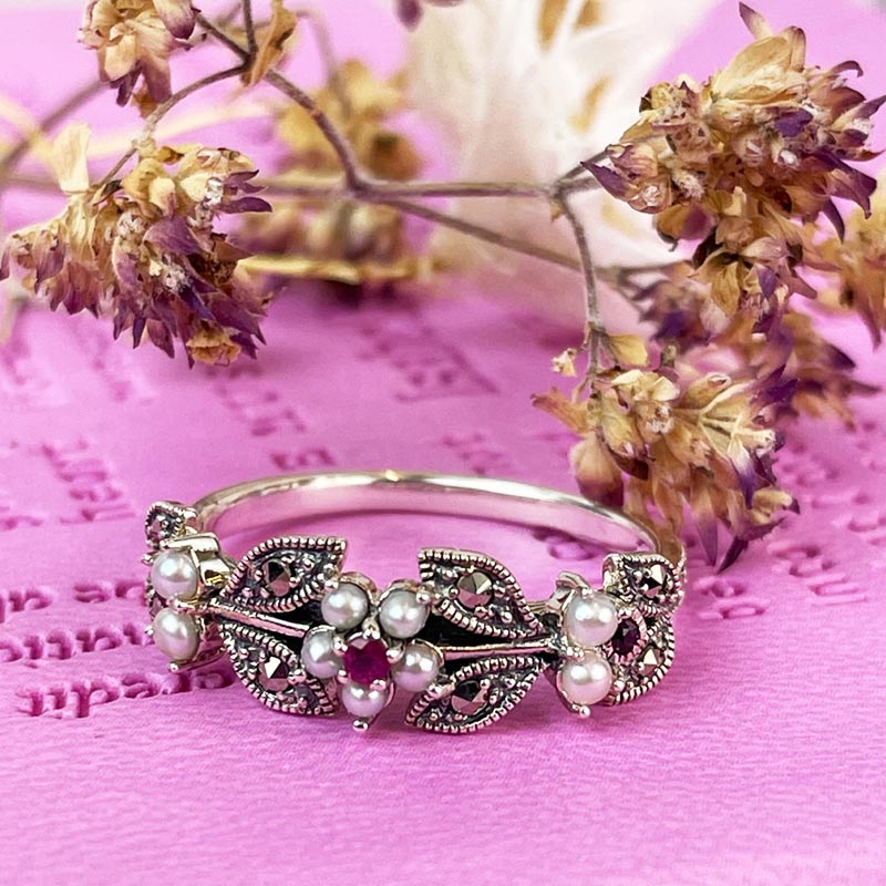 Jane Austen Ring - Silver, Freshwater Pearl and Marcasite Elliot Ruby - Image 2