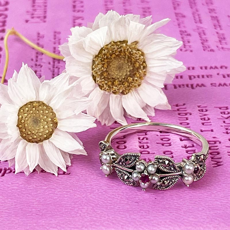 Jane Austen Ring - Silver, Freshwater Pearl and Marcasite Elliot Ruby - Image 3