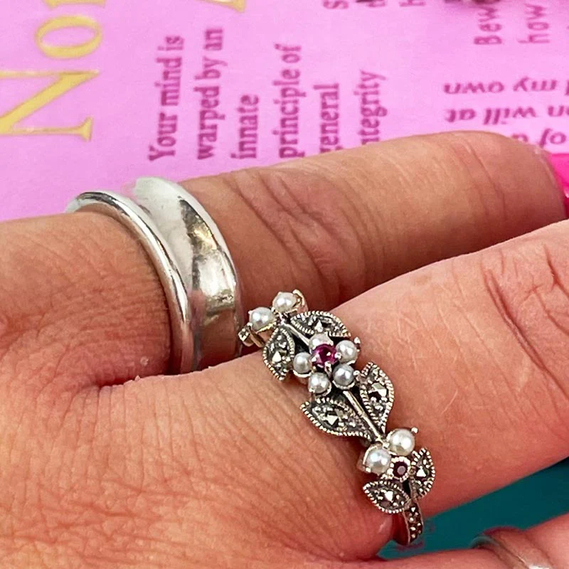 Jane Austen Ring - Silver, Freshwater Pearl and Marcasite Elliot Ruby - Image 4