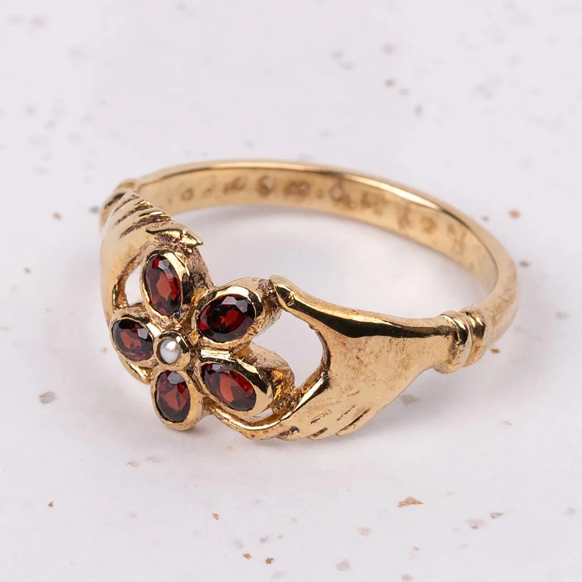 Jane Austen Gold-Plated with Garnet and Pearl Regency Ring