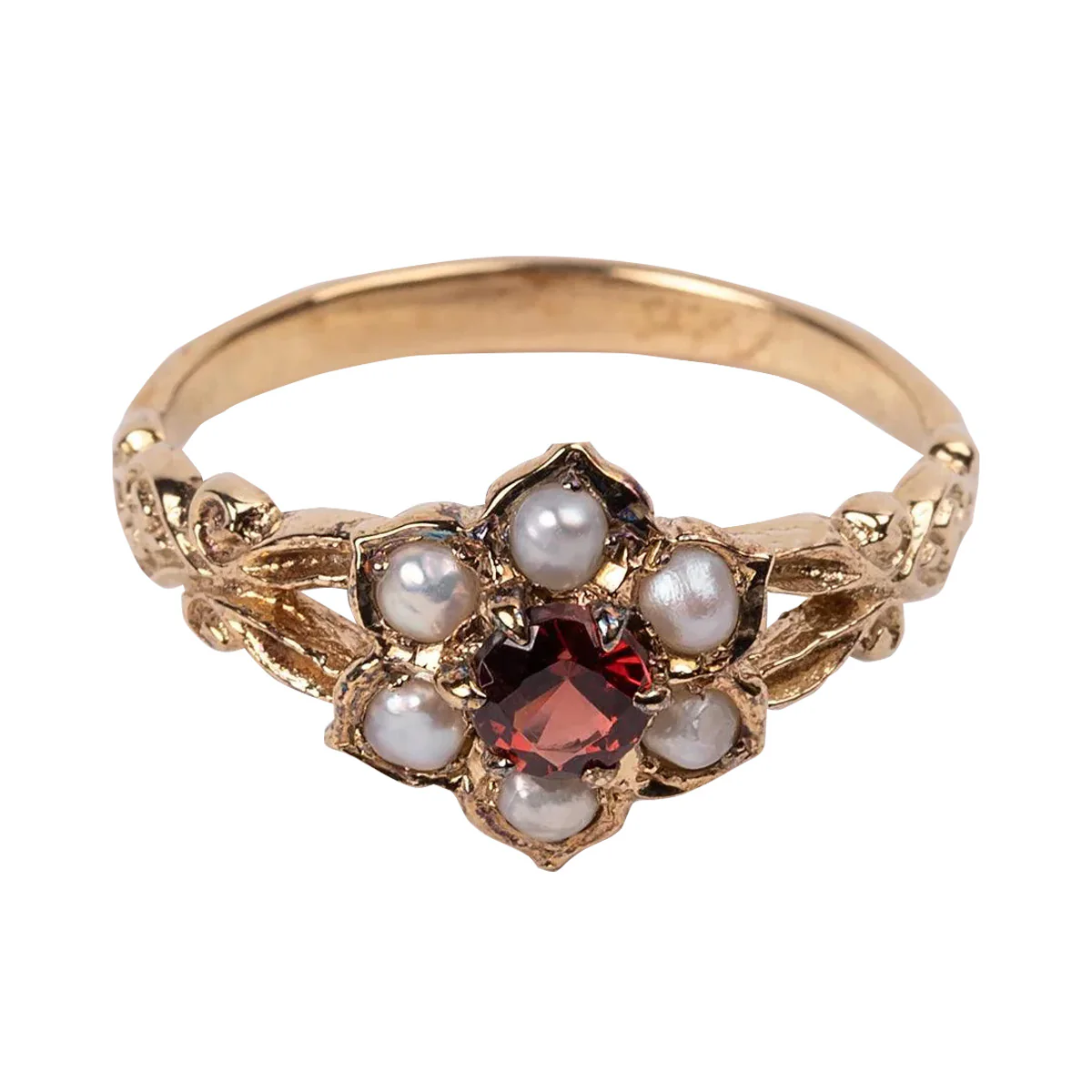 Jane Austen Regency Ring with Garnet and Pearl Flower