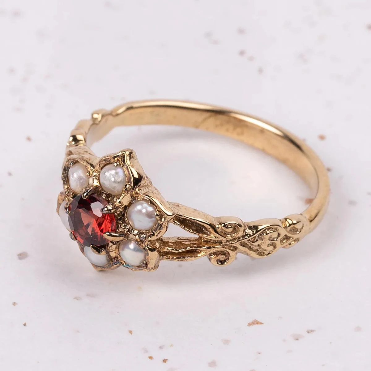 Jane Austen Regency Ring with Garnet and Pearl Flower - Image 2