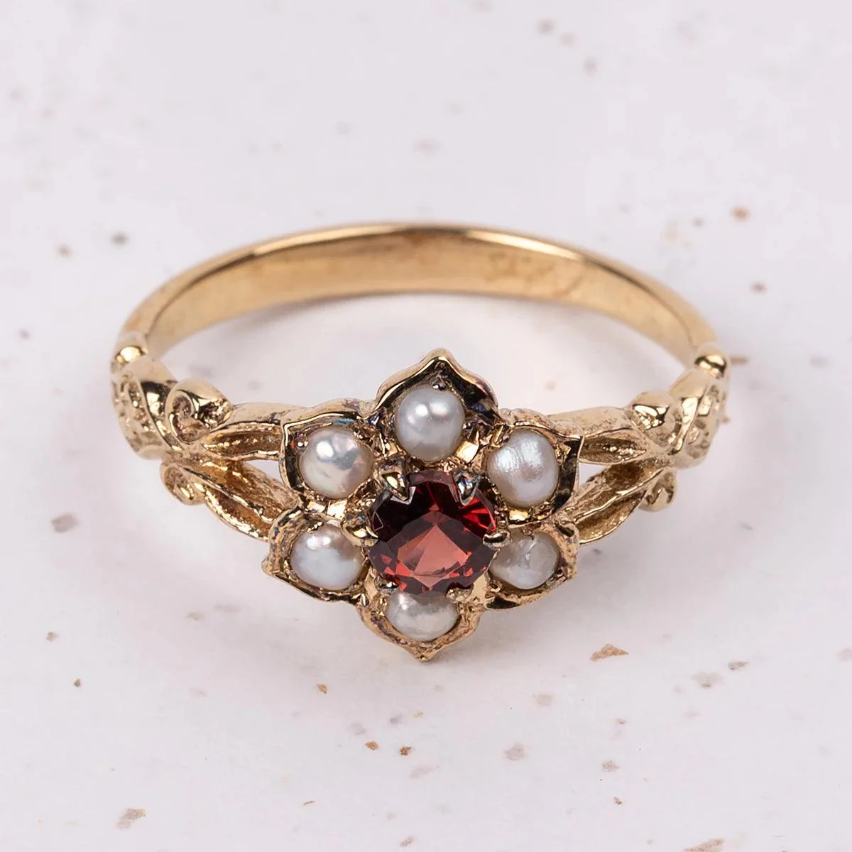 Jane Austen Regency Ring with Garnet and Pearl Flower - Image 3