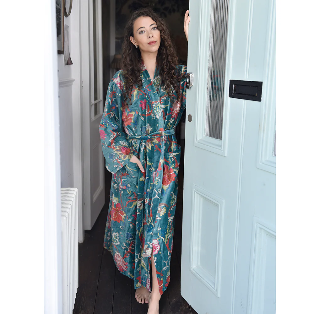 Luxurious Regency Robe with Exotic Flowers in Teal - Image 2