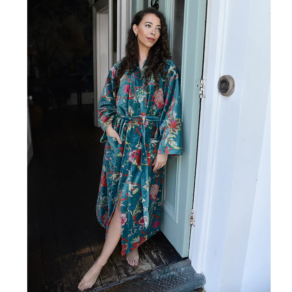 Luxurious Regency Robe with Exotic Flowers in Teal - Image 3