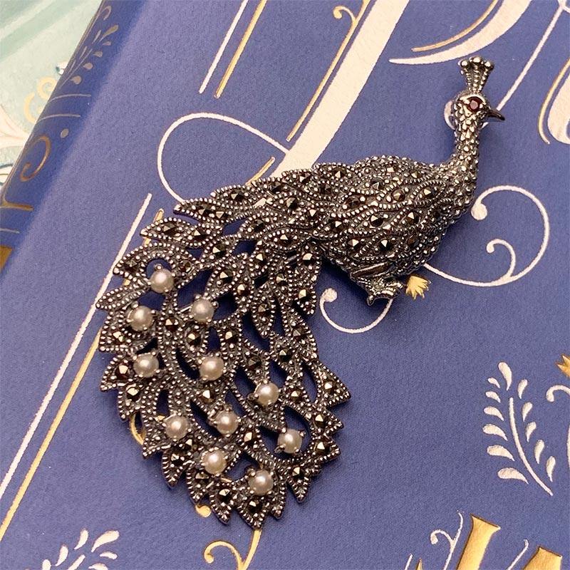 Peacock Silver, Marcasite and Pearl Brooch