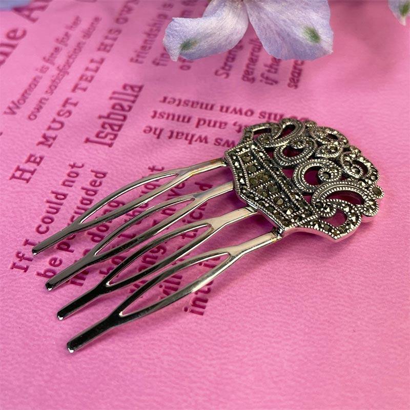 Silver Hair Comb - Regency Style in Silver and Marcasite - Image 2