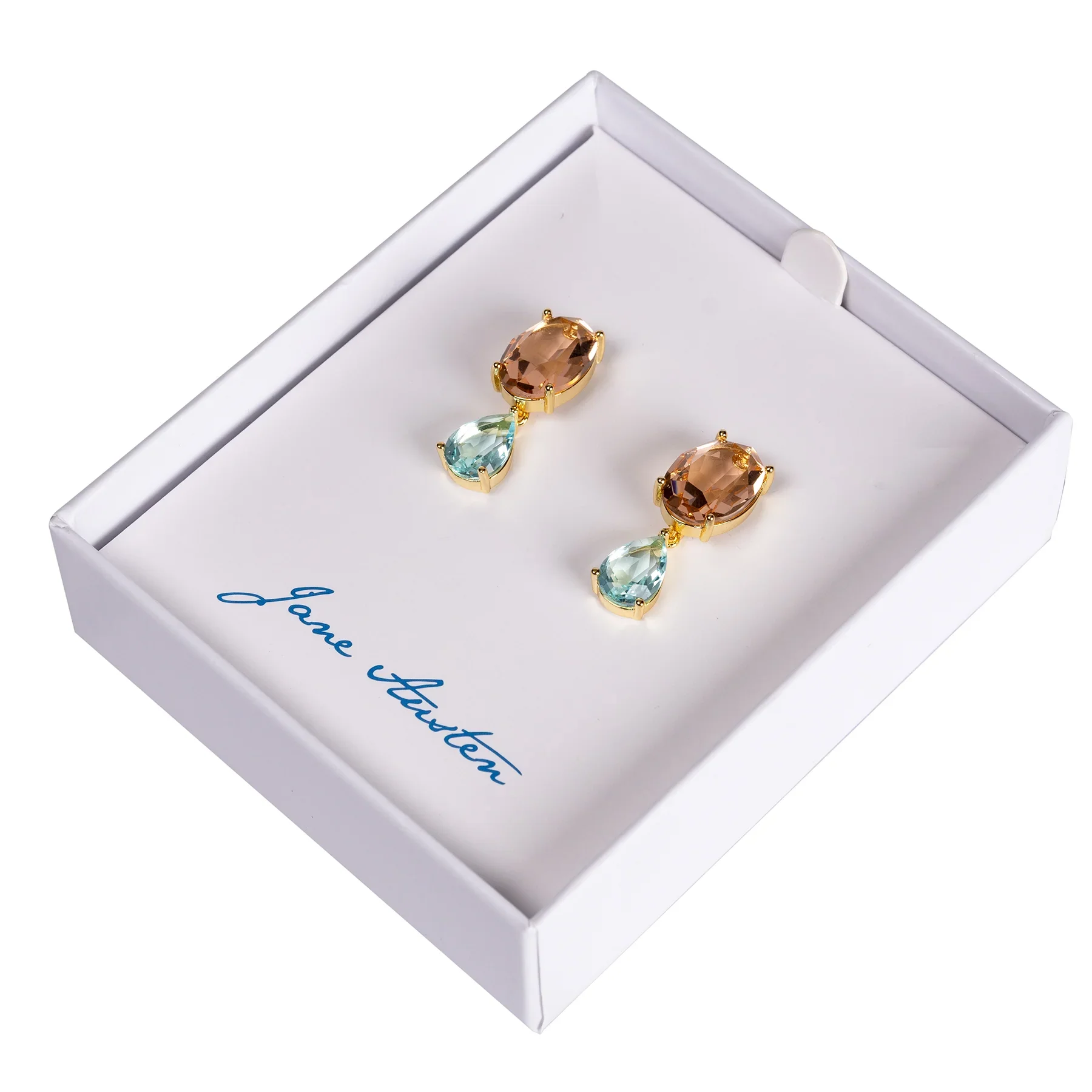 Twin Gem Drop Earrings in Aqua and Peach - Image 2